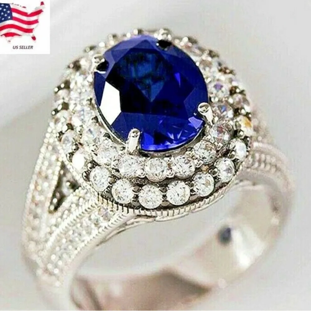 Sapphire Blue and Silver Statement Ring 6.9 grams size 9